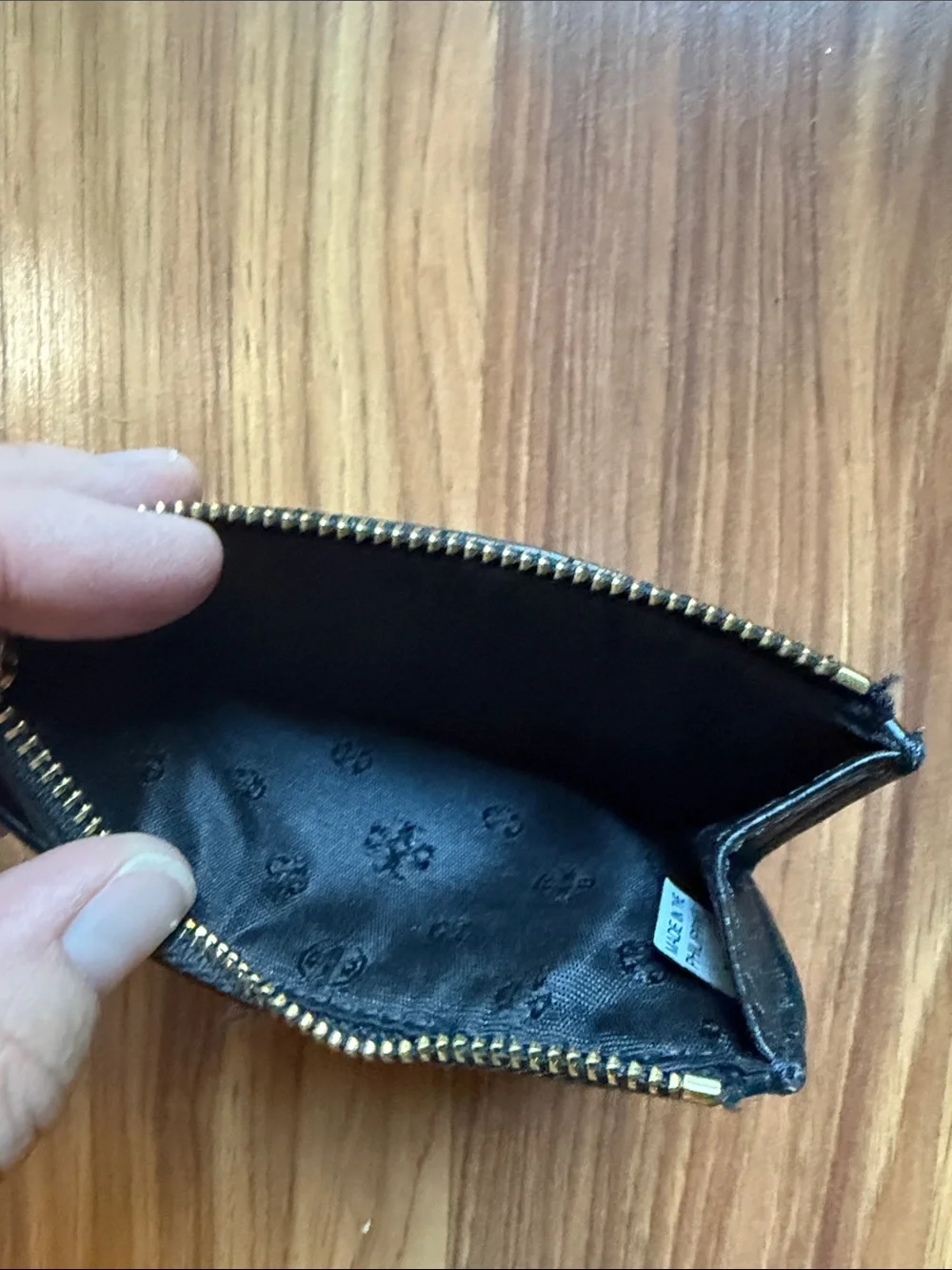 Tory Burch Black Pebbled Leather Zip Card Holder with Gold Logo Accent